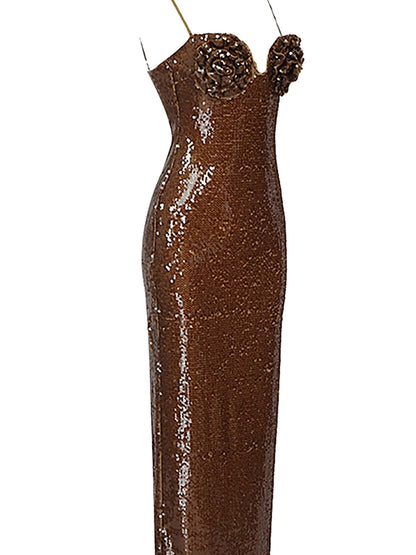 One Shoulder Draped Sequin High Slit Maxi Dress