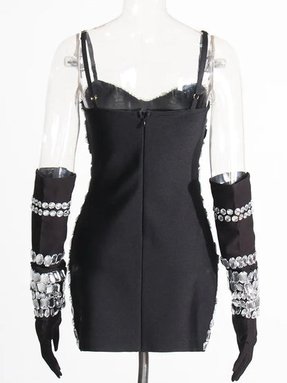 Sweetheart Spaghetti Strap Multi Gem Crystal Opera Glove Mini Dress