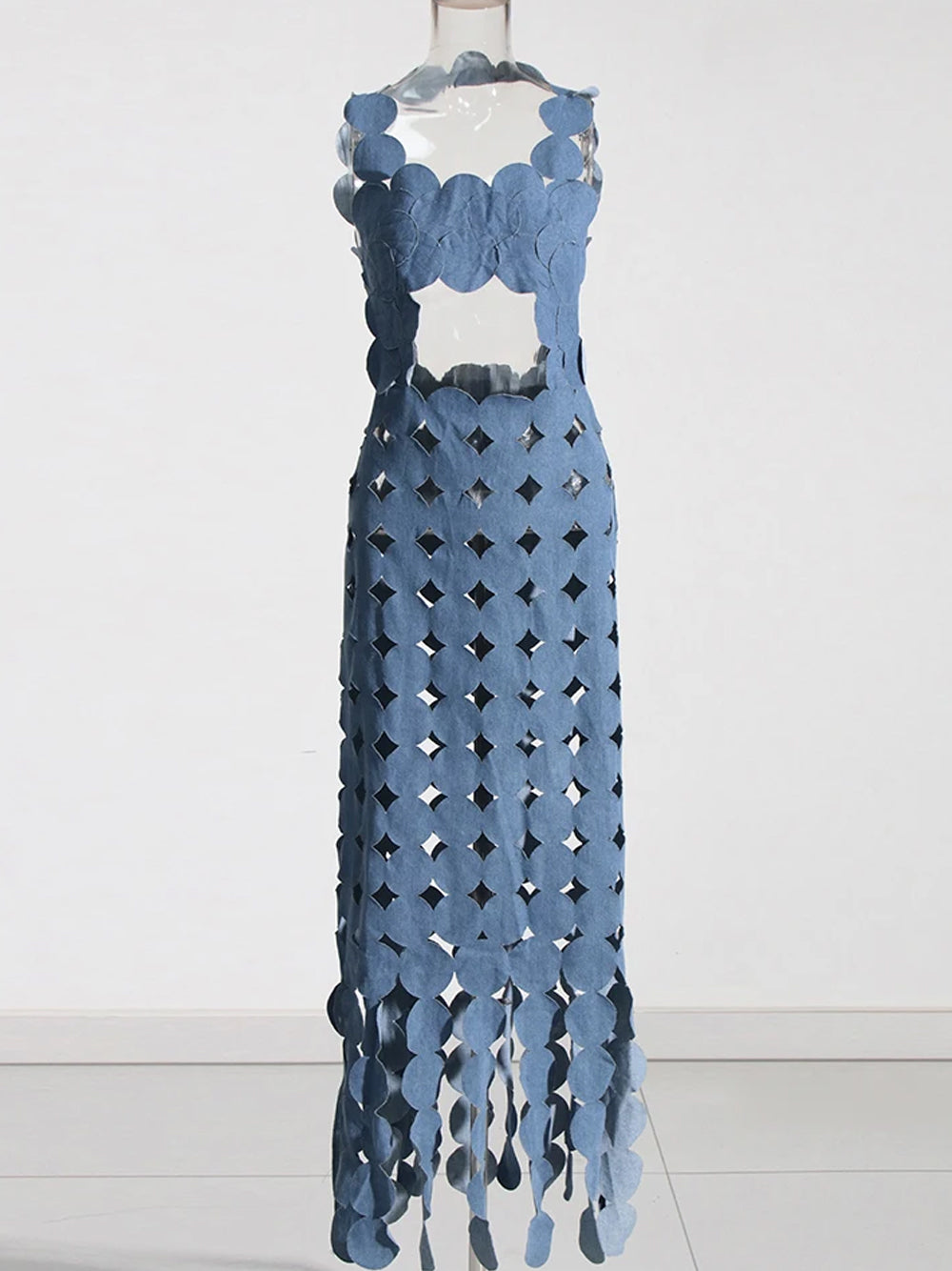 Denim Strapless Applique Fringe Tiered Maxi Dress