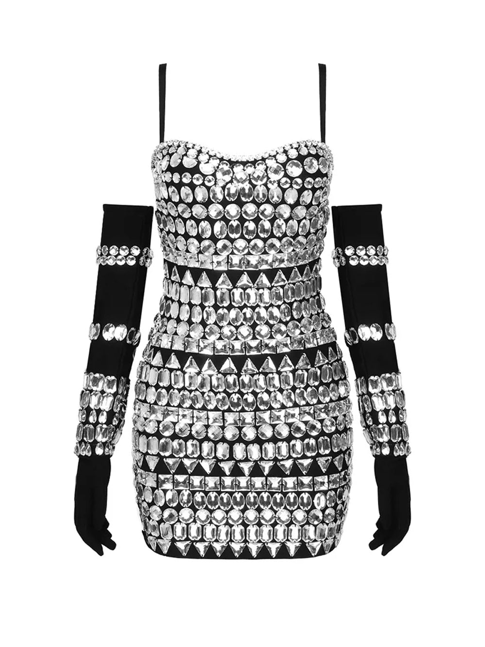 Sweetheart Spaghetti Strap Multi Gem Crystal Opera Glove Mini Dress