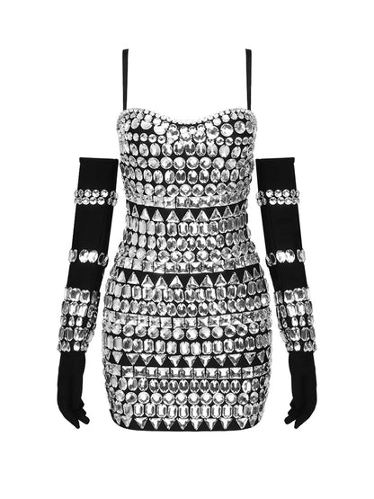 Sweetheart Spaghetti Strap Multi Gem Crystal Opera Glove Mini Dress