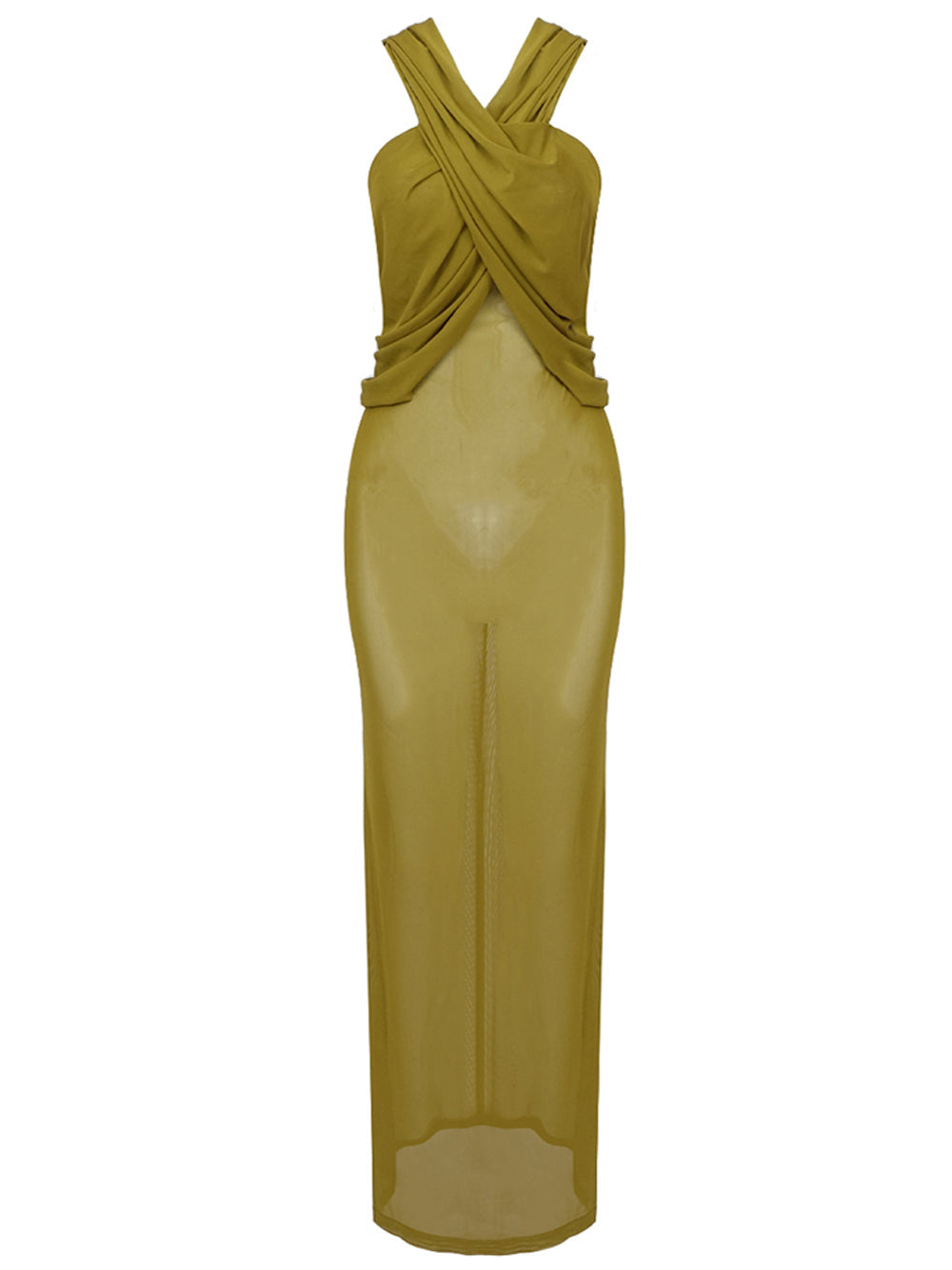 Hooded Cross Front Halter Sheer Mesh Column Maxi Dress