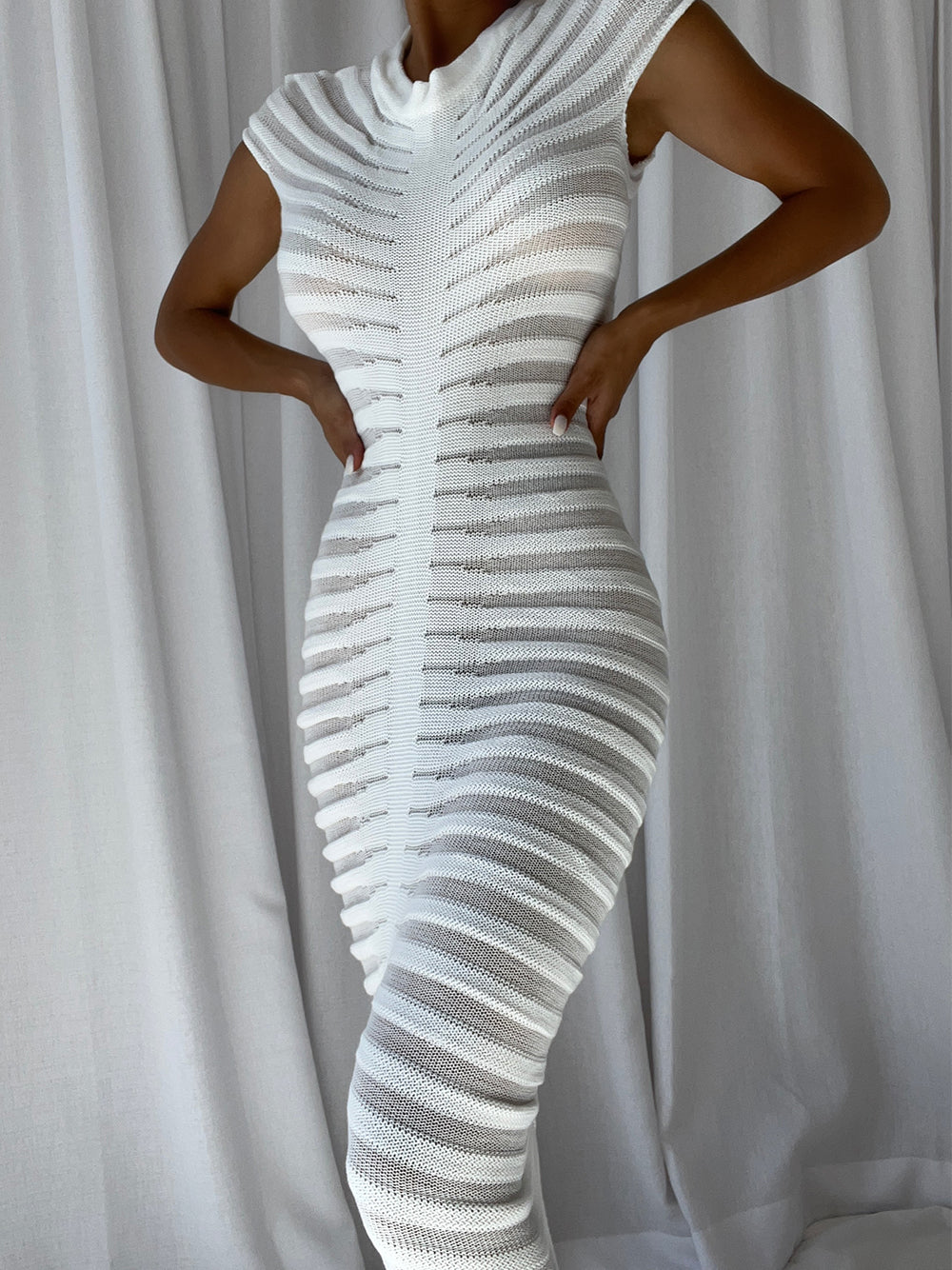 Mock Neck Pointelle Rib Knit Center Panel Cap Sleeve Midi Dress