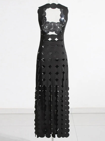 Scalloped Edge Diamond Cutout Bodycon Mini Dress Linked Disc Fringe Panel Maxi Dress