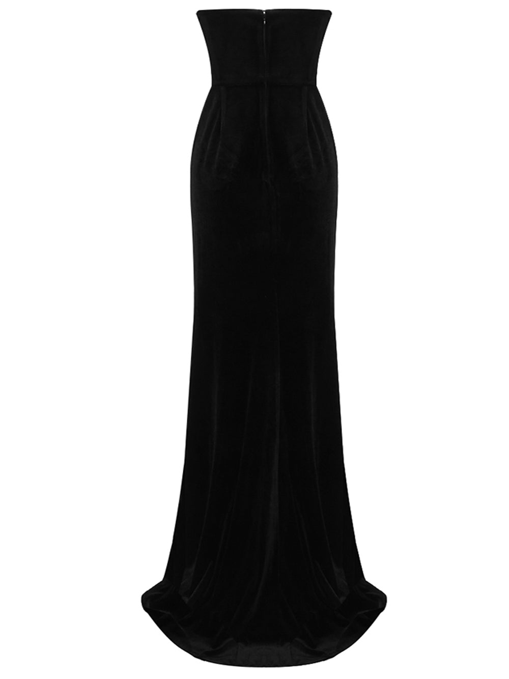 Plunging V Neck Rhinestone Scroll Trim Velvet Thigh Slit Maxi Gown