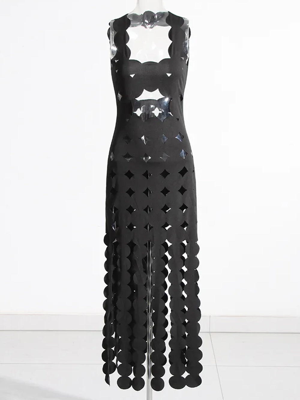 Scalloped Edge Diamond Cutout Bodycon Mini Dress Linked Disc Fringe Panel Maxi Dress
