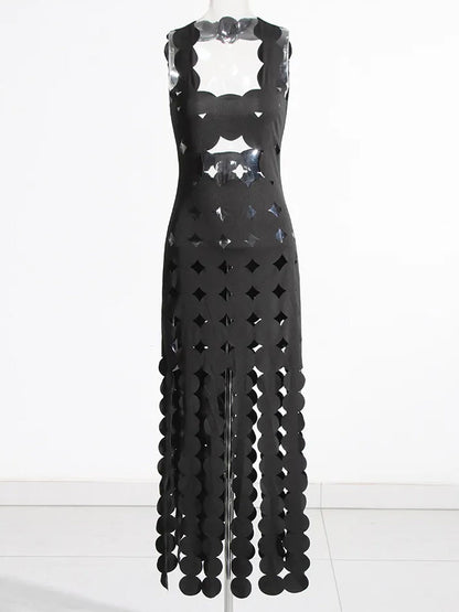 Scalloped Edge Diamond Cutout Bodycon Mini Dress Linked Disc Fringe Panel Maxi Dress