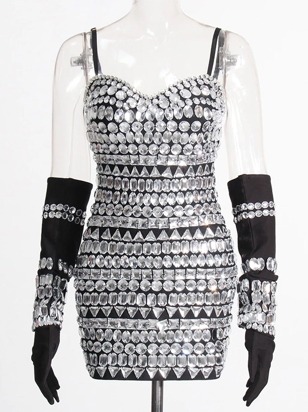 Sweetheart Spaghetti Strap Multi Gem Crystal Opera Glove Mini Dress
