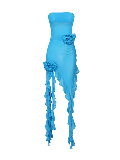 Strapless Rosette Choker Ruched Mesh Asymmetrical Ruffle Hem Mini Dress