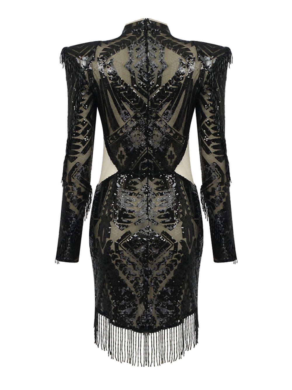 Mock Neck Geometric Sequin Beaded Fringe Cutout Mini Dress
