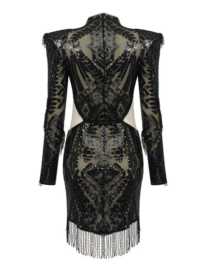 Mock Neck Geometric Sequin Beaded Fringe Cutout Mini Dress