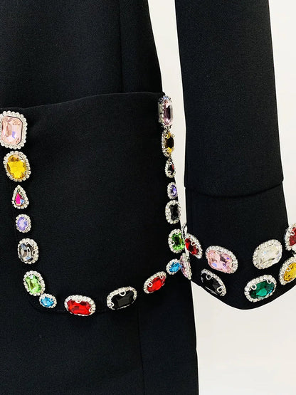 Mock Neck Multi Gem Embellished Patch Pocket Shift Mini Dress