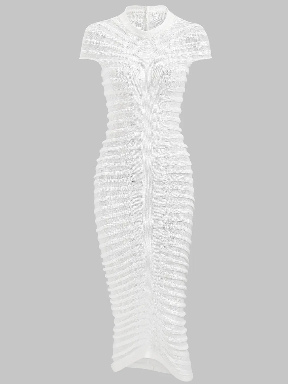 Mock Neck Pointelle Rib Knit Center Panel Cap Sleeve Midi Dress