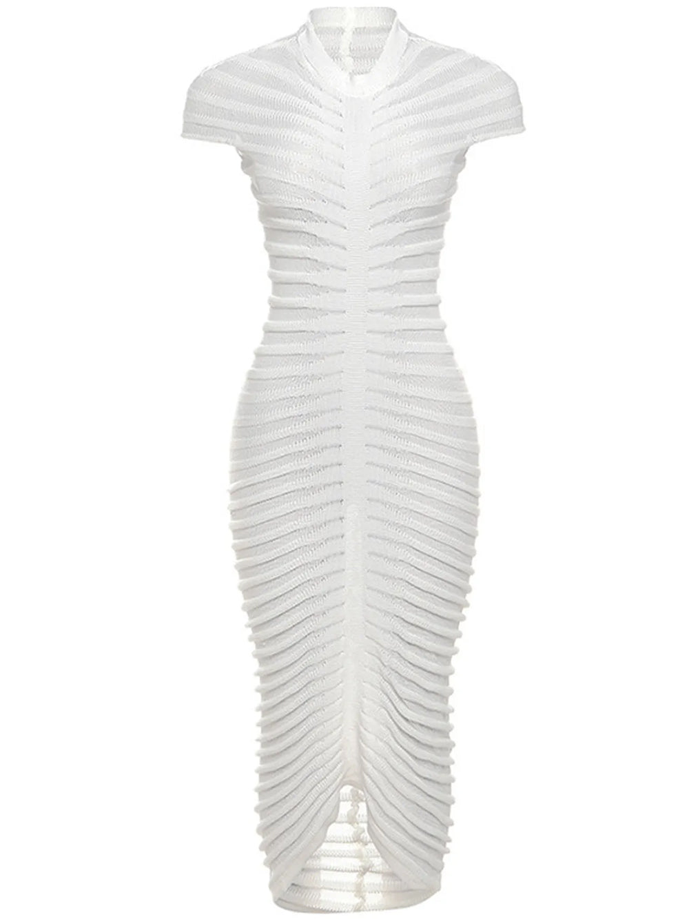 Mock Neck Pointelle Rib Knit Center Panel Cap Sleeve Midi Dress