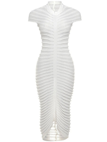 Mock Neck Pointelle Rib Knit Center Panel Cap Sleeve Midi Dress