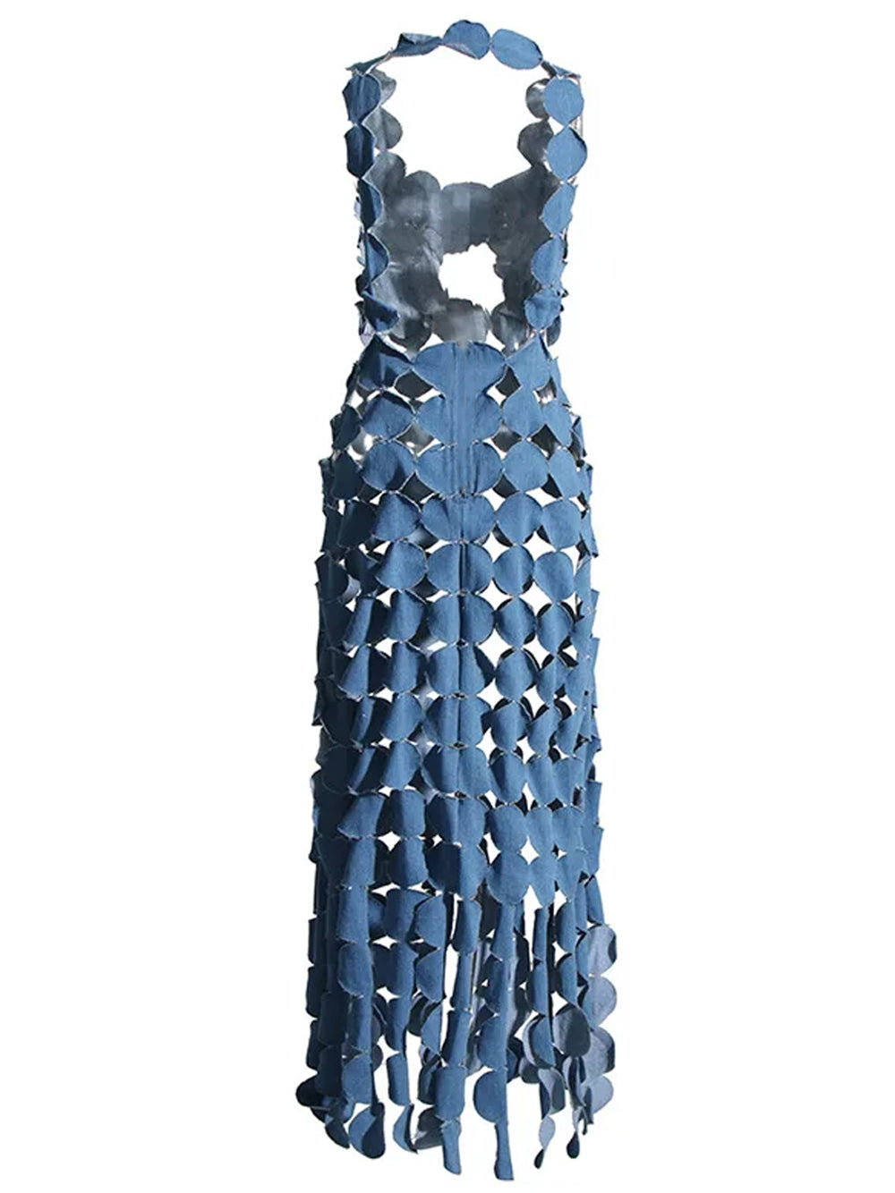 Denim Strapless Applique Fringe Tiered Maxi Dress