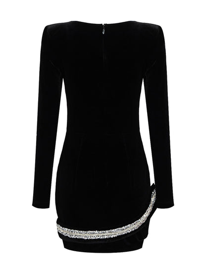 Velvet Long Sleeve Mesh Panel Rhinestone Snake Bodycon Mini Dress