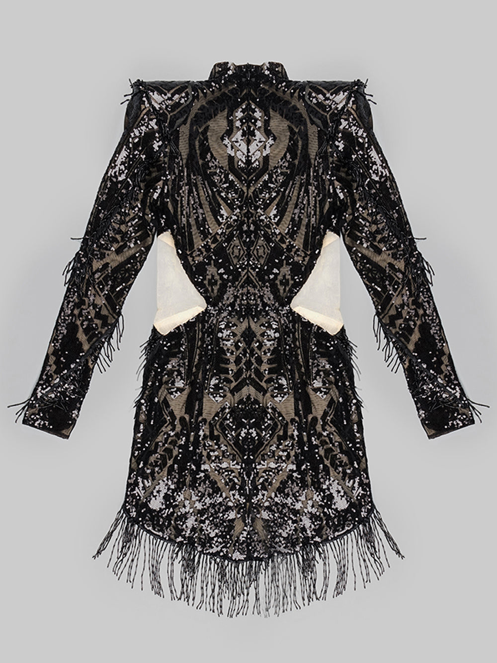 Mock Neck Geometric Sequin Beaded Fringe Cutout Mini Dress