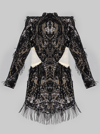 Mock Neck Geometric Sequin Beaded Fringe Cutout Mini Dress