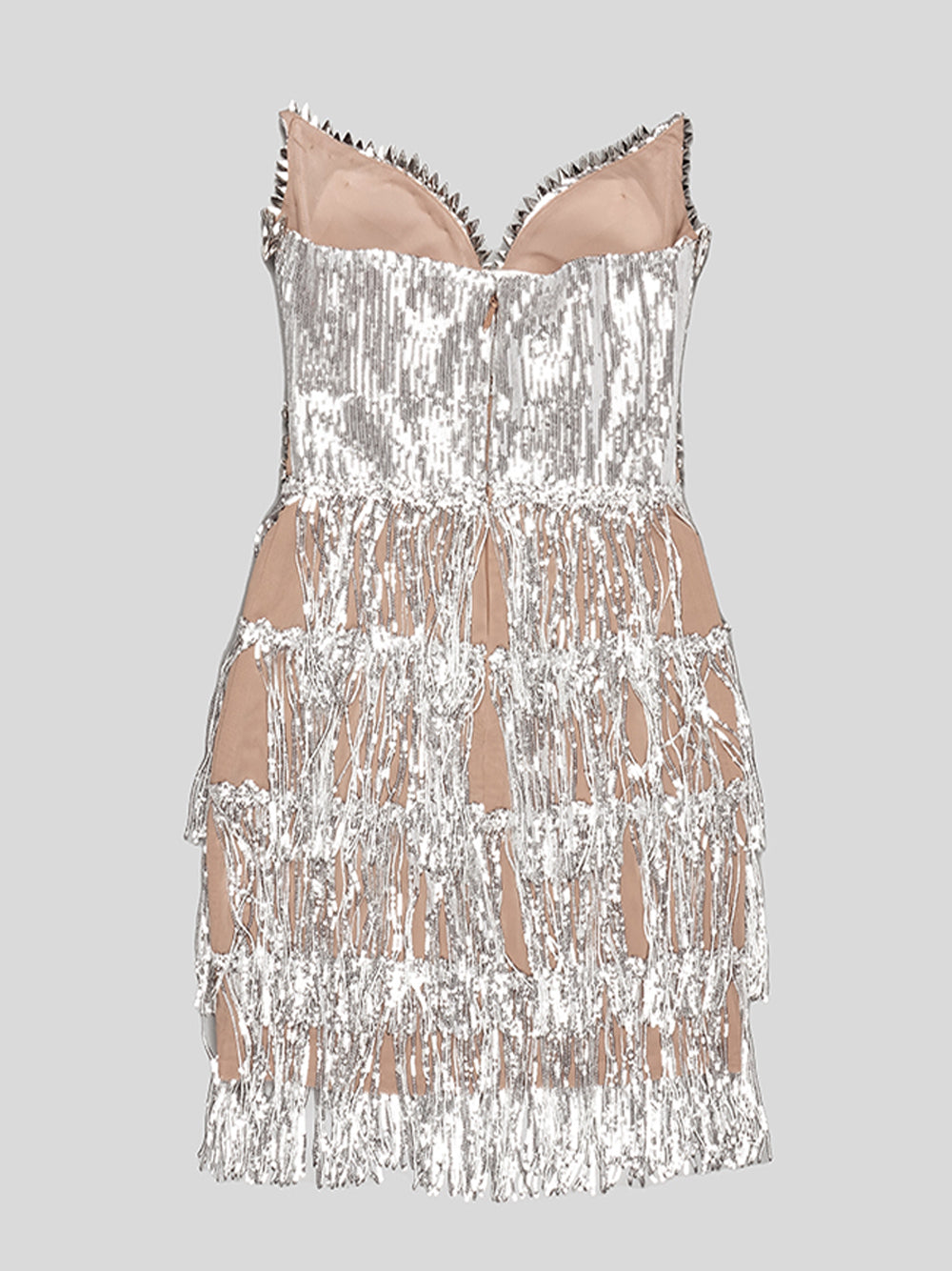 Deep V Neck Sequin Bodice Crystal Waistband Fringe Tier Mini Dress