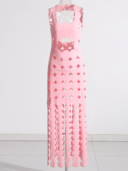 Pink Strapless Applique Fringe Tiered Maxi Dress