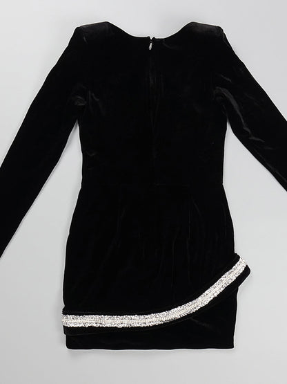 Velvet Long Sleeve Mesh Panel Rhinestone Snake Bodycon Mini Dress