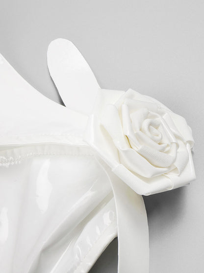 Sleeveless 3D Rosette Glossy Patent Column Maxi Dress