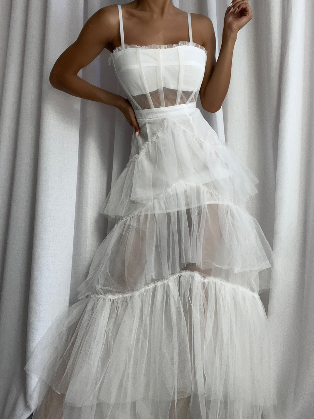 Spaghetti Strap Corset Sweetheart Mesh Panel Tiered Tulle Maxi Dress