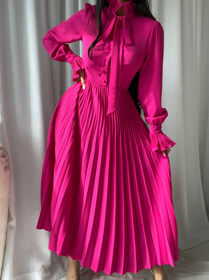 Ruffle Neck Self Tie Bow Ruffle Cuff Accordion Pleat Midi Dress