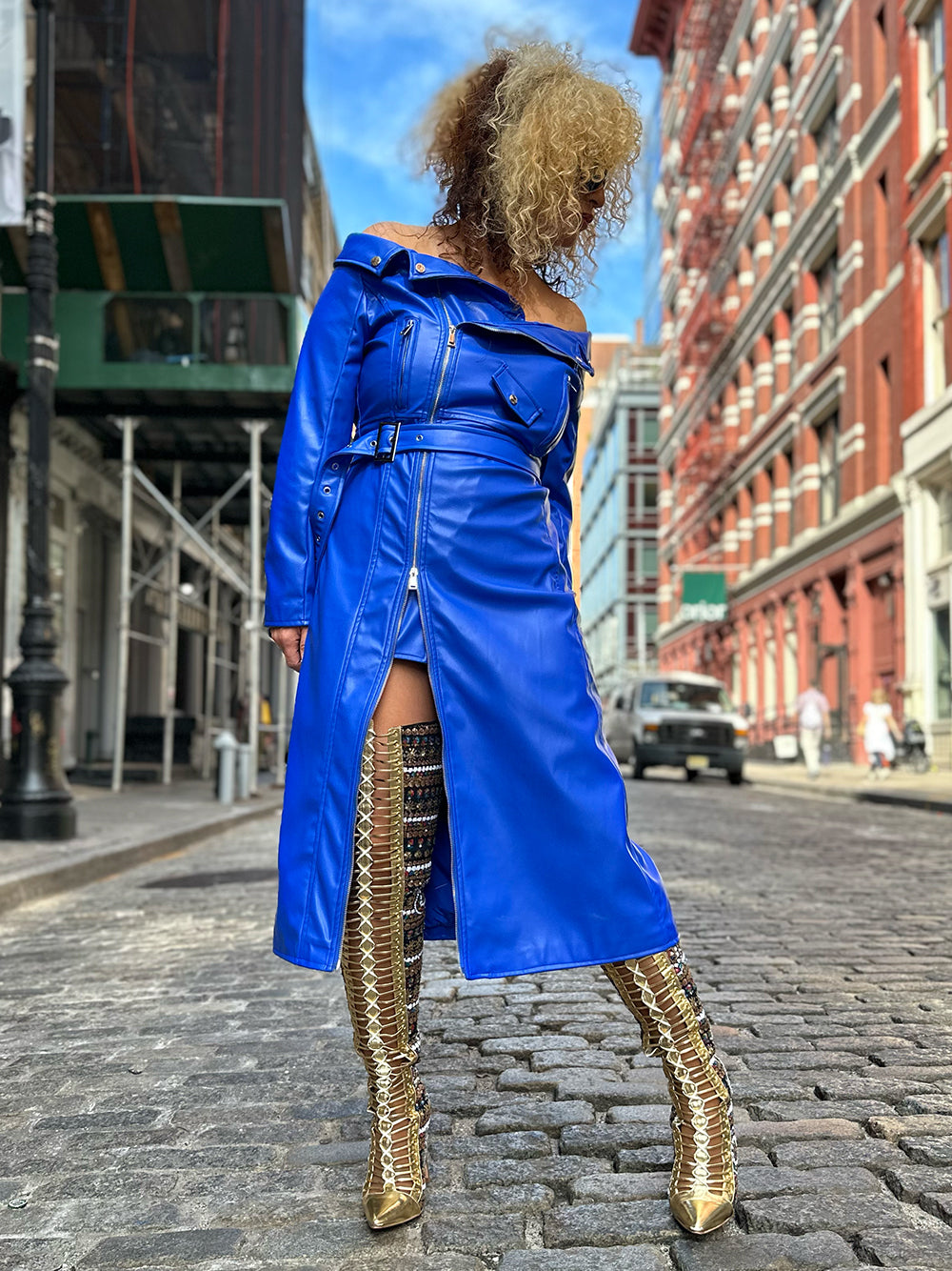 Off Shoulder Moto Lapel Zip Detail Belted Faux Leather Maxi Dress