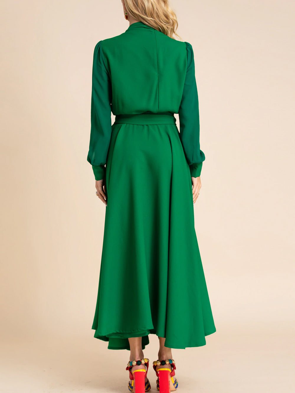 Mock Neck Lantern Sleeve Self Tie Sash Belted A Line Maxi Dress