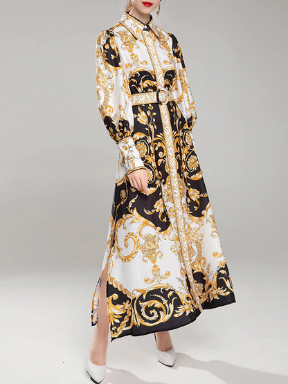 Pointed Collar Puff Sleeve Belted Baroque Print Button Front Maxi Dress