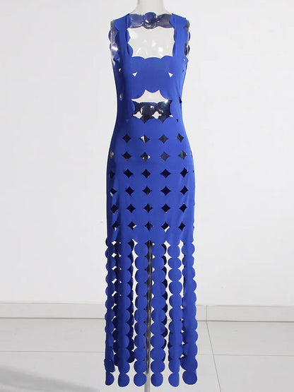 Blue Strapless Applique Fringe Tiered Maxi Dress