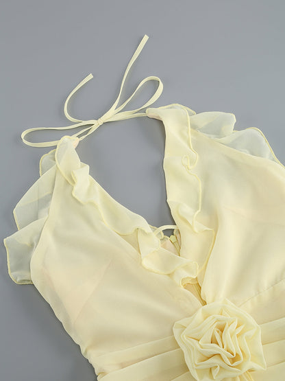 Halter Neck Ruffle Trim 3D Rosette Waist Tiered Flare Mini Dress