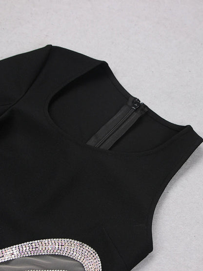 One Shoulder Crystal Wave Mesh Panel Asymmetric Hem Mini Dress