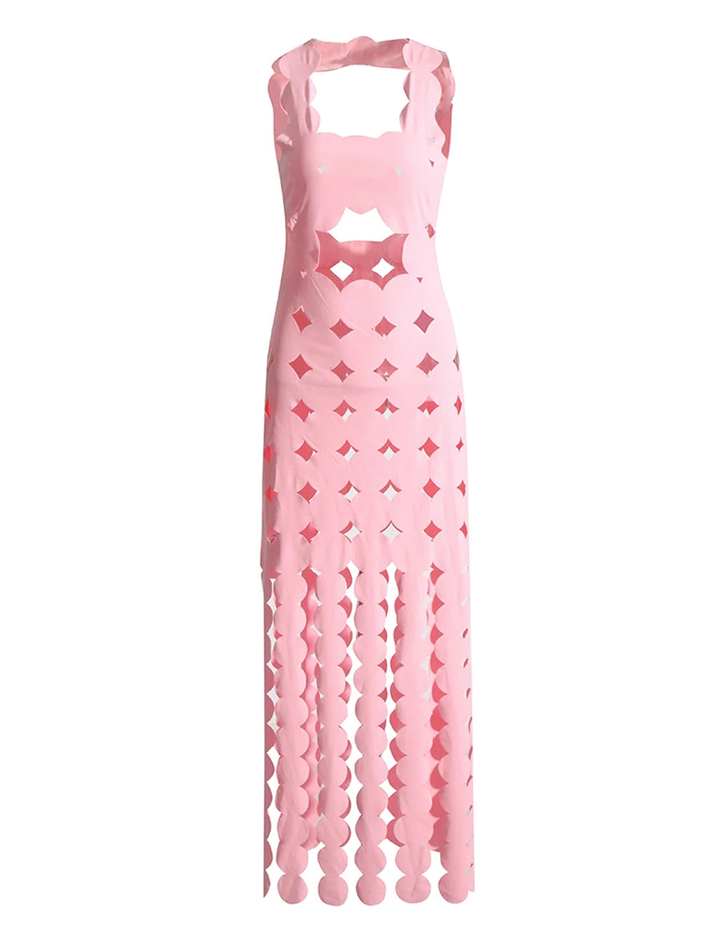 Pink Strapless Applique Fringe Tiered Maxi Dress