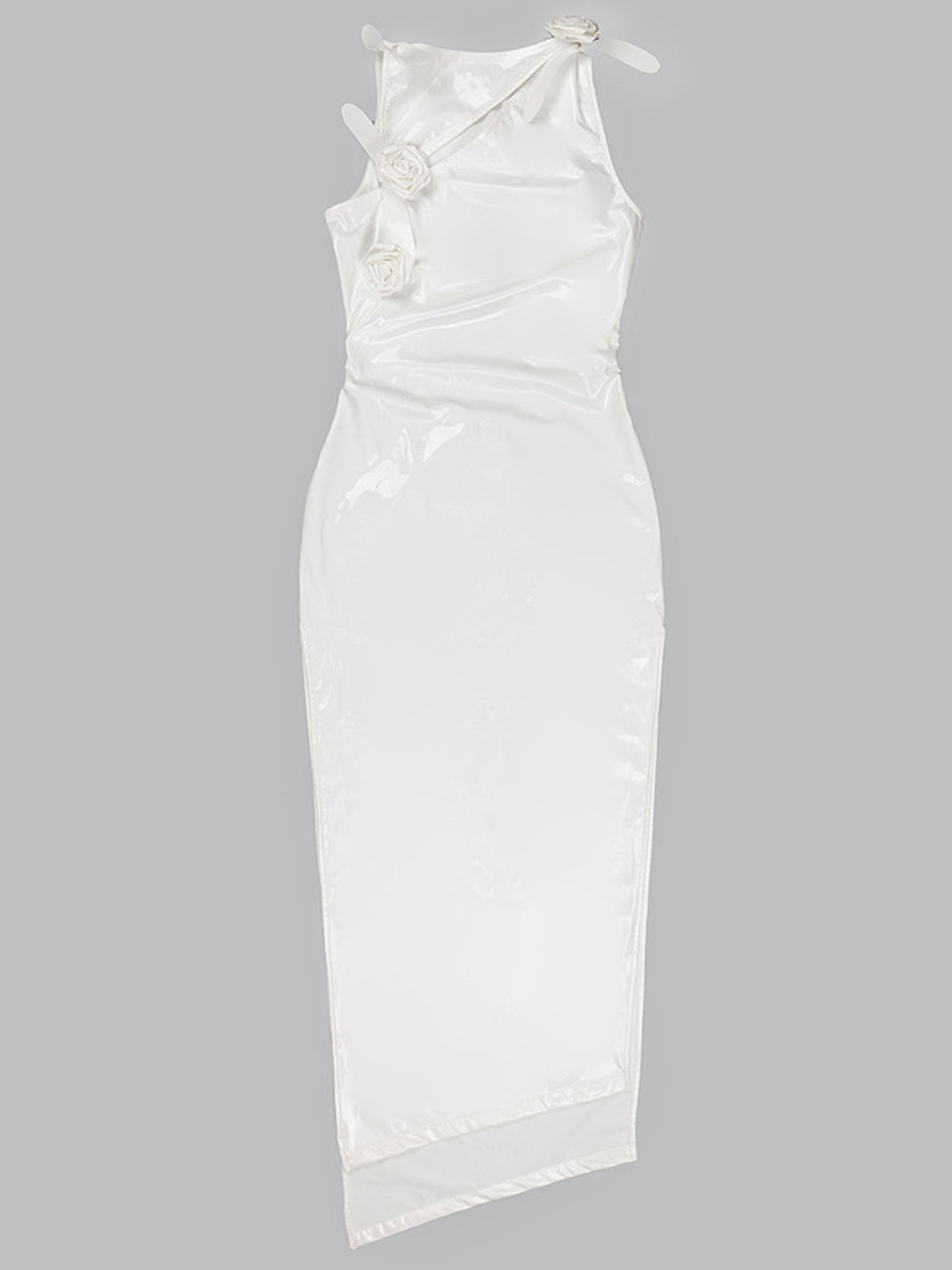 Sleeveless 3D Rosette Glossy Patent Column Maxi Dress