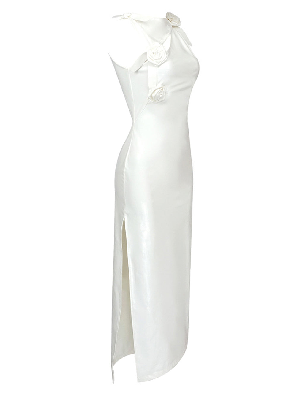 Sleeveless 3D Rosette Glossy Patent Column Maxi Dress