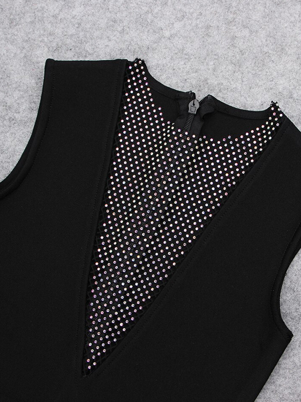 Plunging V Mesh Crystal Panel High Slit Bodycon Mini Dress