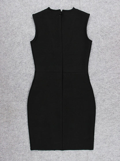 Plunging V Mesh Crystal Panel High Slit Bodycon Mini Dress