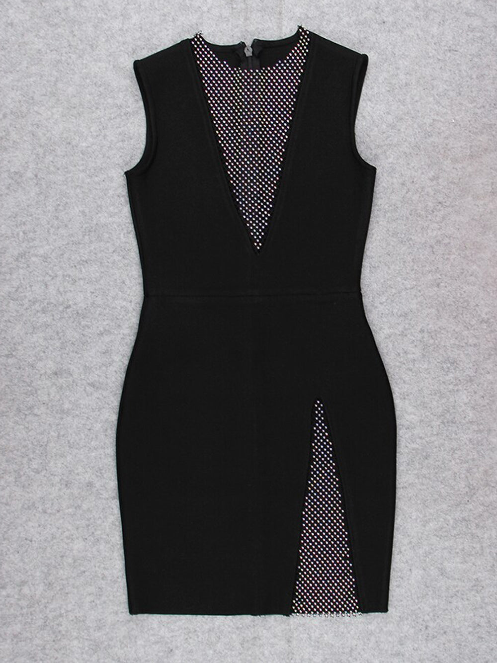 Plunging V Mesh Crystal Panel High Slit Bodycon Mini Dress