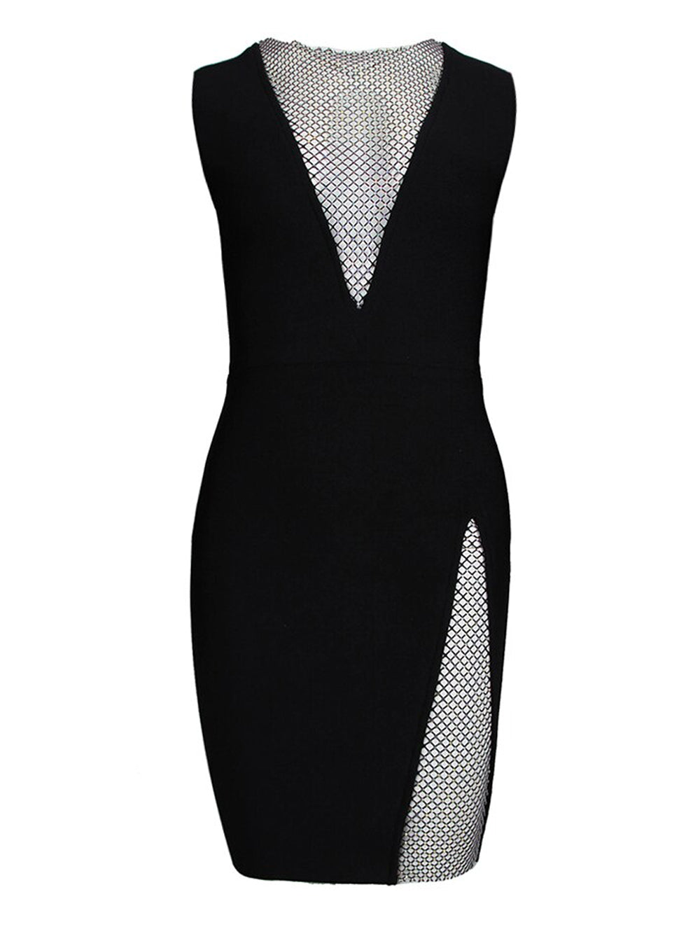 Plunging V Mesh Crystal Panel High Slit Bodycon Mini Dress
