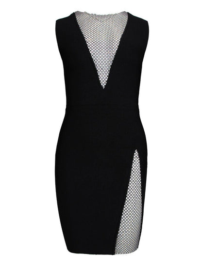 Plunging V Mesh Crystal Panel High Slit Bodycon Mini Dress