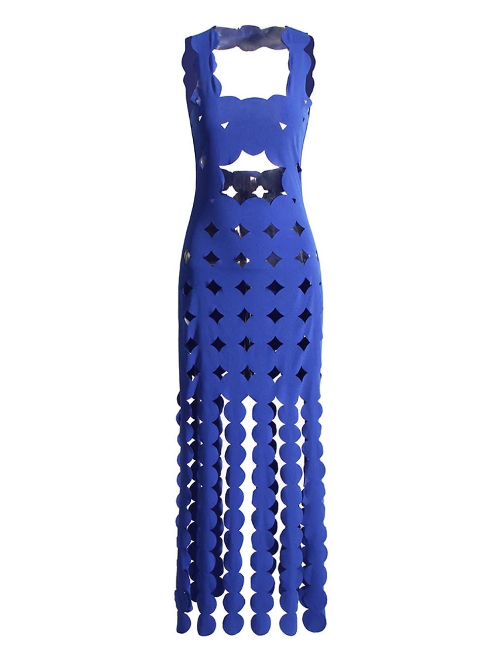 Blue Strapless Applique Fringe Tiered Maxi Dress