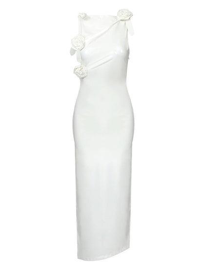 Sleeveless 3D Rosette Glossy Patent Column Maxi Dress