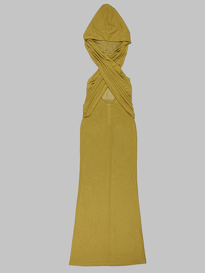 Hooded Cross Front Halter Sheer Mesh Column Maxi Dress