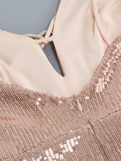 Plunging V Tie Front Sequin Feather Trim Mini Dress