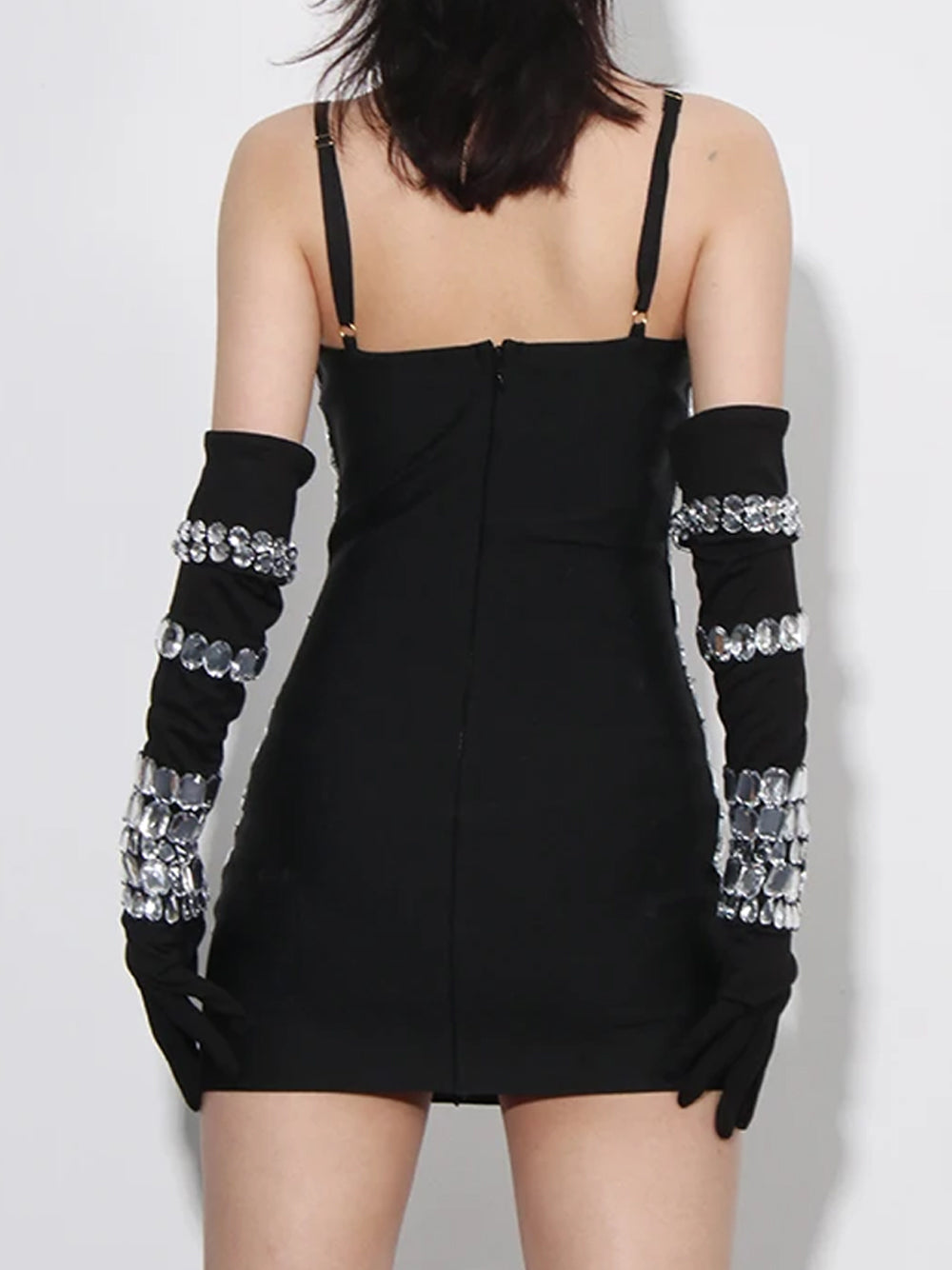 Sweetheart Spaghetti Strap Multi Gem Crystal Opera Glove Mini Dress