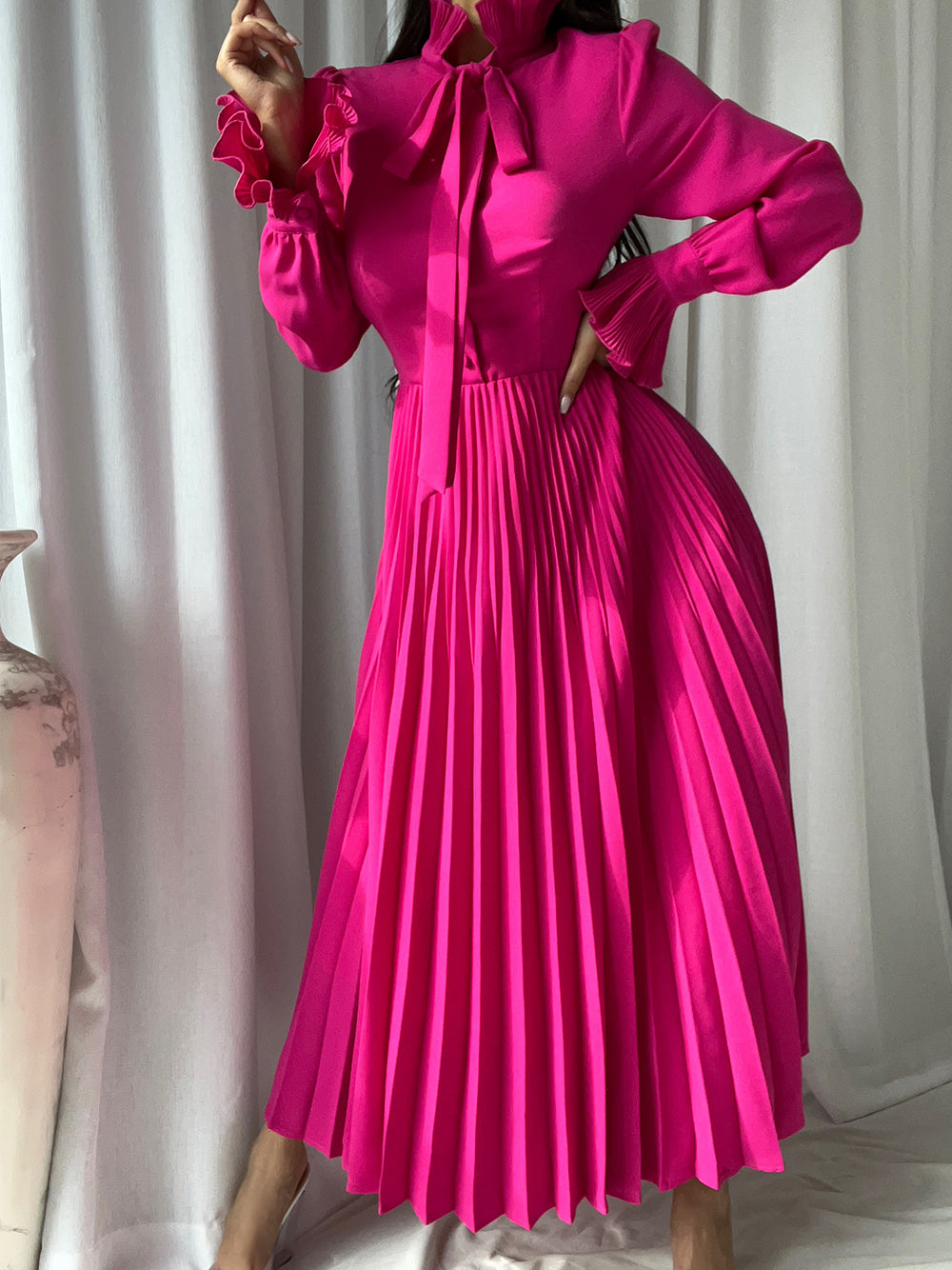 Ruffle Neck Self Tie Bow Ruffle Cuff Accordion Pleat Midi Dress