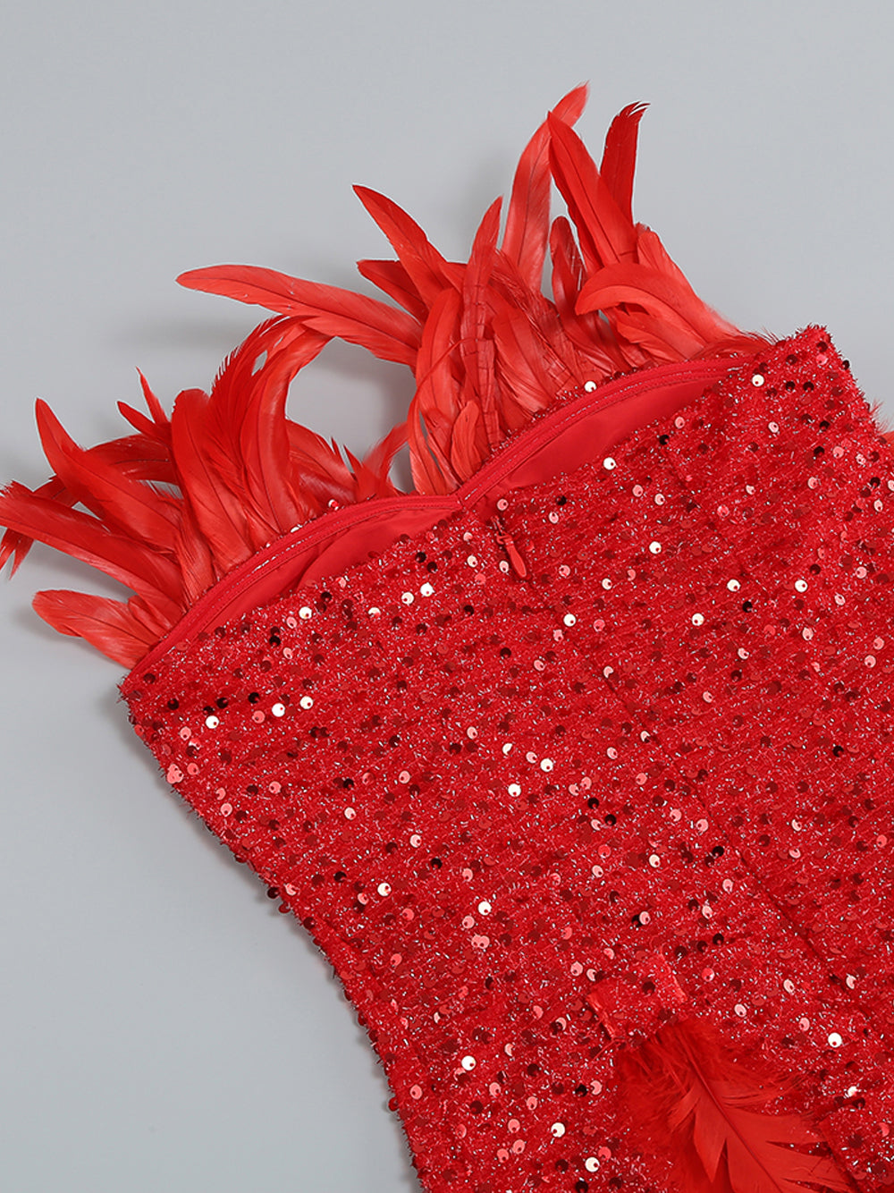 Strapless Sequin Feather Trim Bodycon Mini Dress